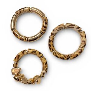 Leopard Print Gold Tone Beaded Stretchy Bracelets Set of 3